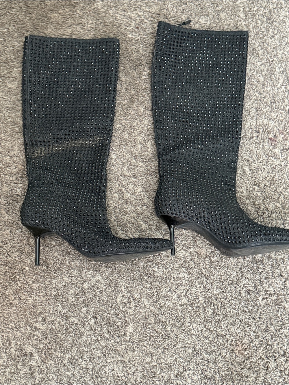 Zara Black Rhinestone Knit Mid-Calf Stiletto Boots